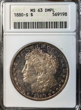 1880-S $1 Morgan Dollar ANACS MS63 DMPL - Toned - Original Soapbox Holder