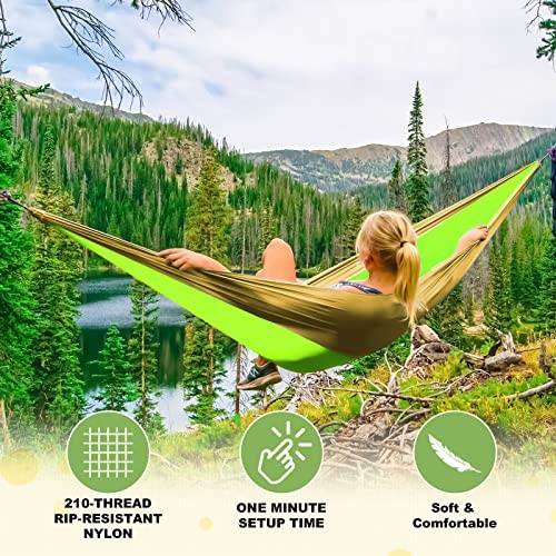 Camping Hammock Double & Single Portable Hammocks Medium Khaki & Army Green - Picture 4 of 6