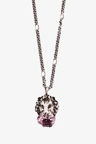 NUOVA GUCCI Collana Catena Logo Testa di Leone Pietra Rosa Argento 100% Autentica
