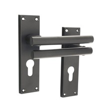 Door Handles Pair Matt Black Straight Lever on Backplate Euro Lock Handles Set