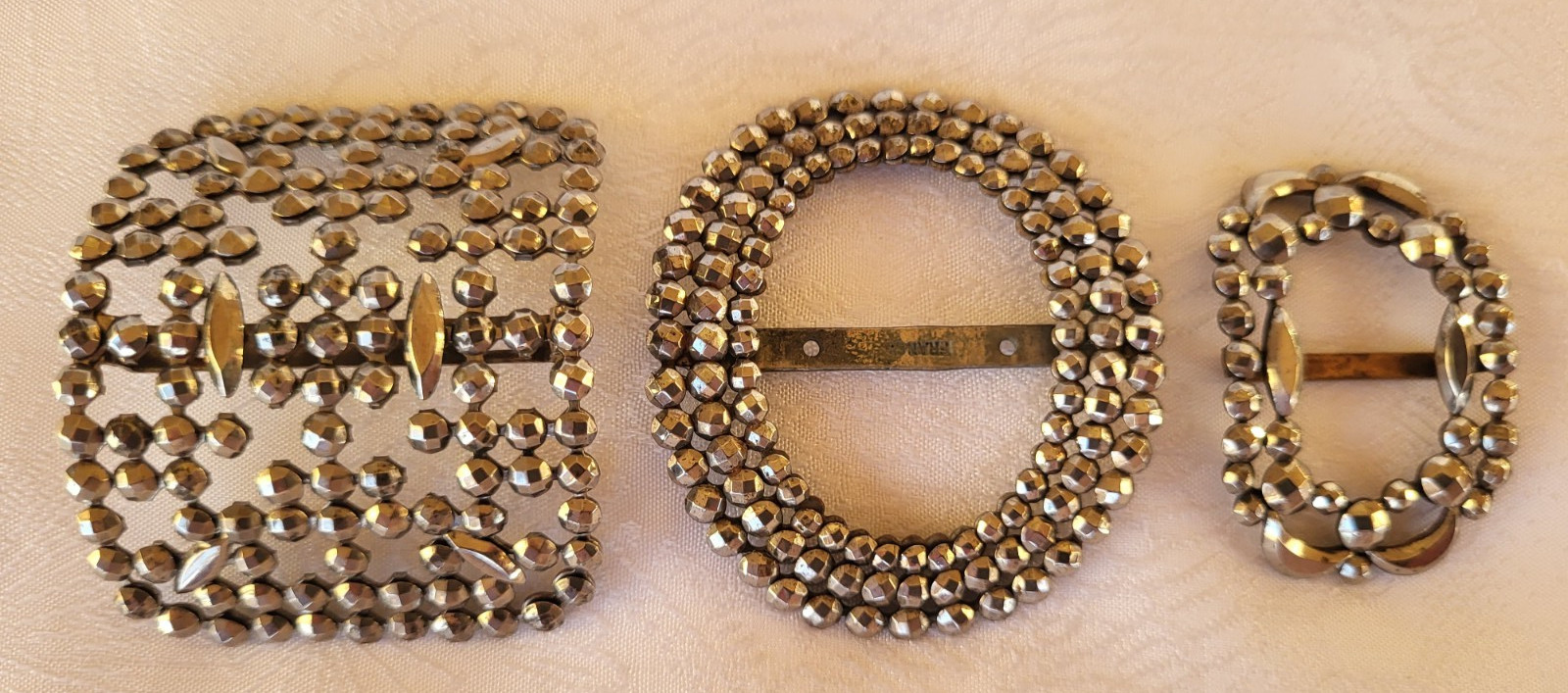 3 Antique Cut Steel Shoe Buckles Different Shapes One Stamped Made In France
