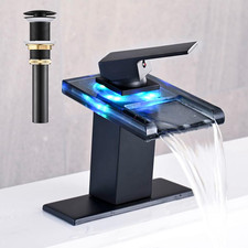 LED Bathroom Sink Faucet, Matte Black Waterfall Single Hole Handle Vanity Faucet