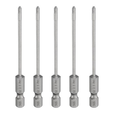 5pcs Magnetic Phillips Screwdriver Bit PH1 1/4'' Hex Shank 80mm Long 2.5mm Rod