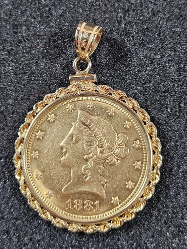 🌟 1881-P $10 Gold Liberty Eagle Coin in 14k Gold Bezel Pendant, 19.6 g TOTAL