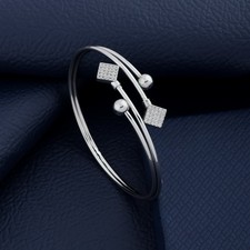 Silver Double Band Open Cuff Bracelet – Square CZ Adjustable Bangle for Women