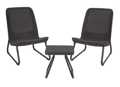 Keter Rio 3 Piece Resin Wicker Patio Furniture Set with Side Table and Outdoo...