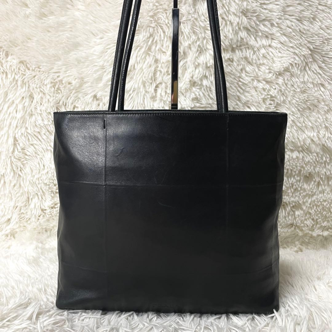 PRADA All Leather Tote Bag Black Quilted Logo Engraved Handbag Used thumbnail 3
