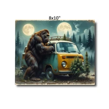 vintage illustration sasquatch smoking weed vw bus  Art Poster 8x10" b