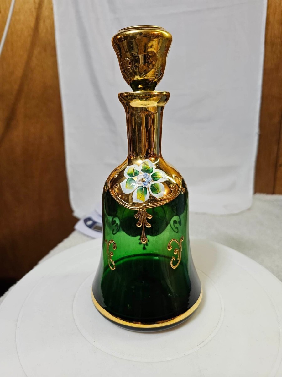 Vtg Murano Green Decanter & 3 shot glass Set Handpainted