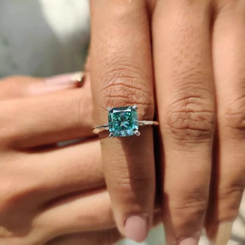 Anillo de compromiso solitario moissanita corte cojín azul cian de 3 quilates oro blanco de 14 quilates - Imagen 7 de 9