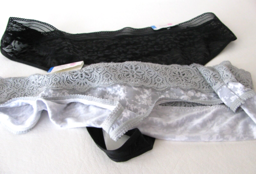 2 SECRET TREASURES Womens 3X Thong Panties Black Silver Floral Lace NWT - Picture 1 of 16