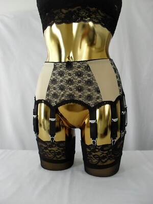 MED-XL 14 Band Hellgold Lycra Schwarze Spitze Designer Sexy Retro Hüftgürtel