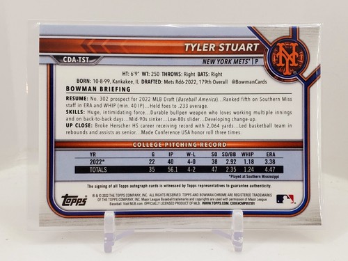 2022 Bowman Chrome 1st Tyler Stuart Base Auto Mets HOT ROOKIE RC Autograph C3 - Picture 2 of 2