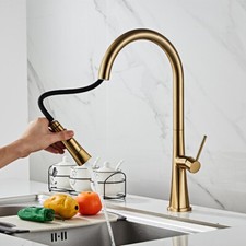 Brushed Gold Kitchen Facuet Pull Down Swivel Spout Brass Mixer Deck Mounted Tap