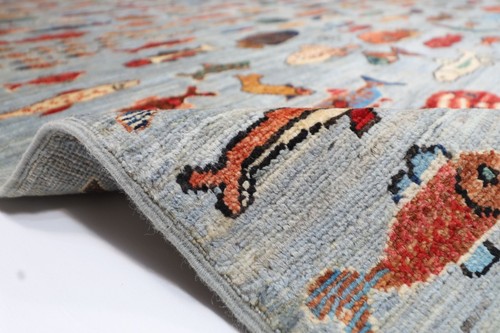 8x10 ft Fish Animal Gray Area Rug Afghan Hand Knotted Veg Dyes Wool Rug - Picture 9 of 12