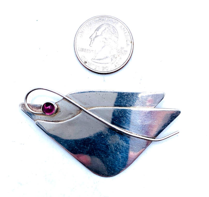 Rare Curved Organic Arlene Siwek Sterling 925 Amethyst Cabochon Brooch Vtg