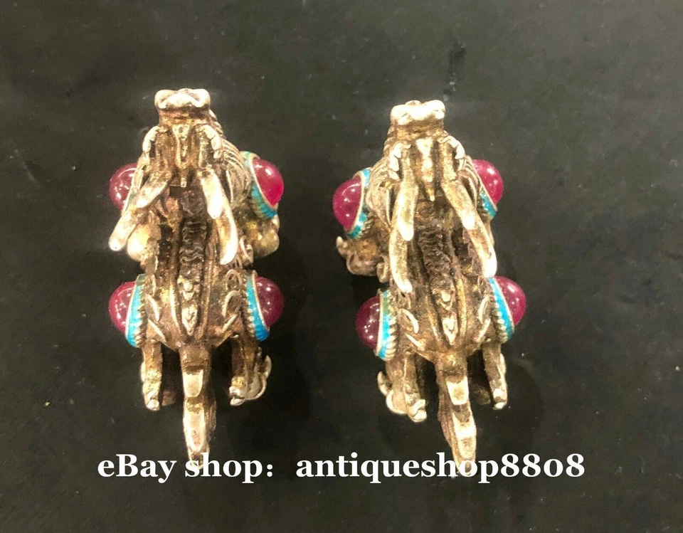Par de bixie 2 piezas China Miao incrustaciones de plata rojo jade Fengshui Foo Fu perro león bestia Foto 2 de 4
