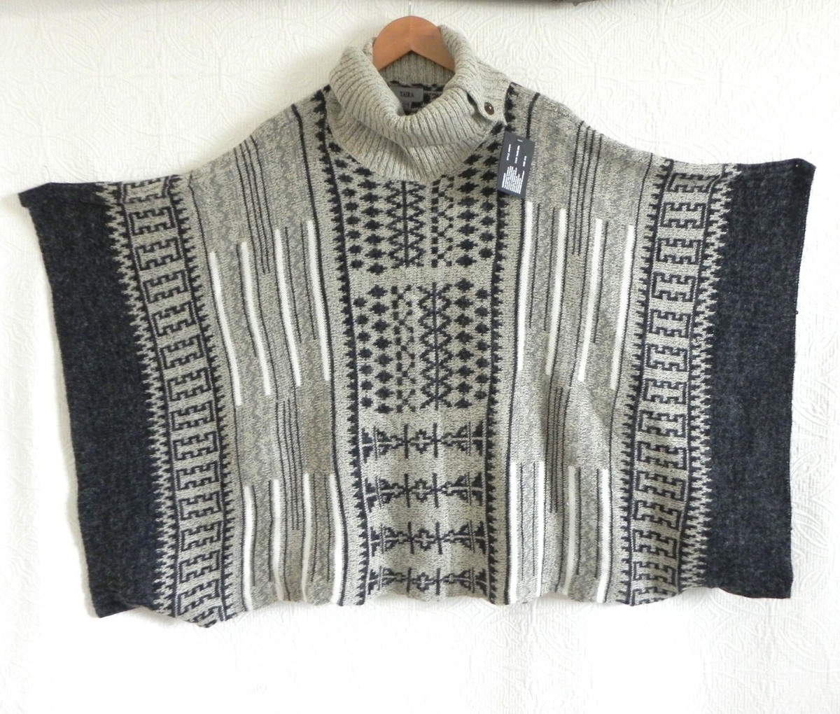 Yaira Poncho Sweater Pullover Button Turtle Neck Acrylic Multi