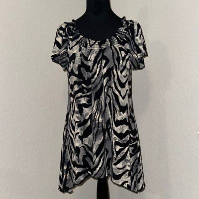 Y2K Agenda Top Women's Large Black White Zebra Print Short Sleeve Tunic Pullover