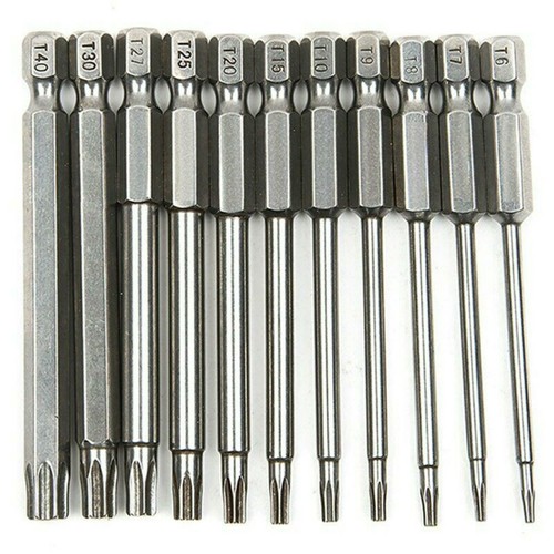 11pcs Torx Bit Set 100mm 1/4" LONG HOLE T6 T7 T8 T9 T10 T15 T20 T25 T27 T30 T40- - Bild 2 von 9