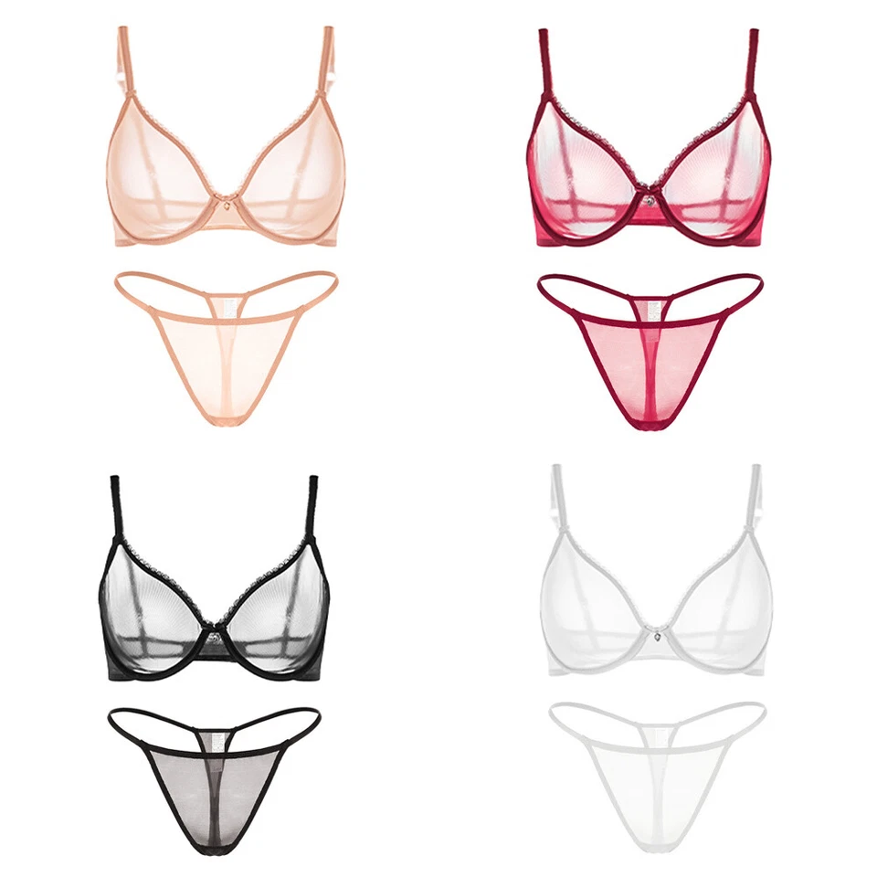 Womens Bra Set See-through Sexy Lingerie Sheer Mesh Unlined Lace Intimate Briefs - Image 2 of 4