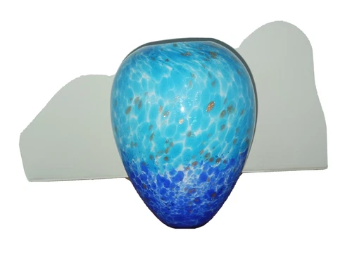 Franco Moretti Signed Murano Art Glass 9" Vase in Turquoise/Blue/Gold Italy