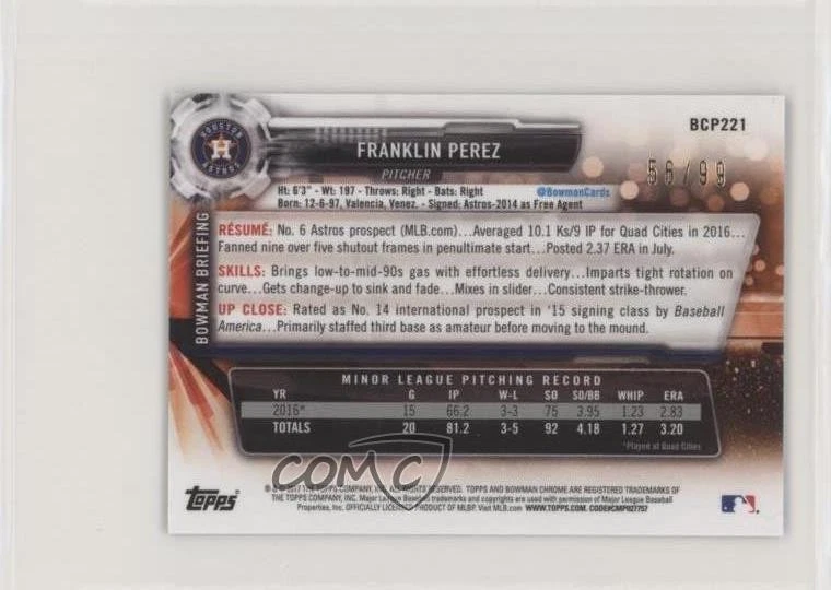 2017 Bowman Chrome Minis Prospects Green Refractor /99 Franklin Perez #BCP221 - Image 2 of 2