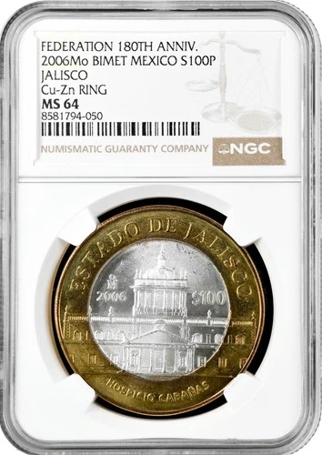 Mexico 100 pesos 2006, NGC MS64, "Federation 180th Anniv. - Jalisco"