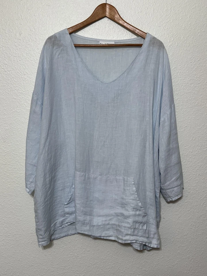 Camisa Bryn Walker para mujer 1X túnica azul claro cuello en V manga 3/4 bolsillos de parche Foto 2 de 4