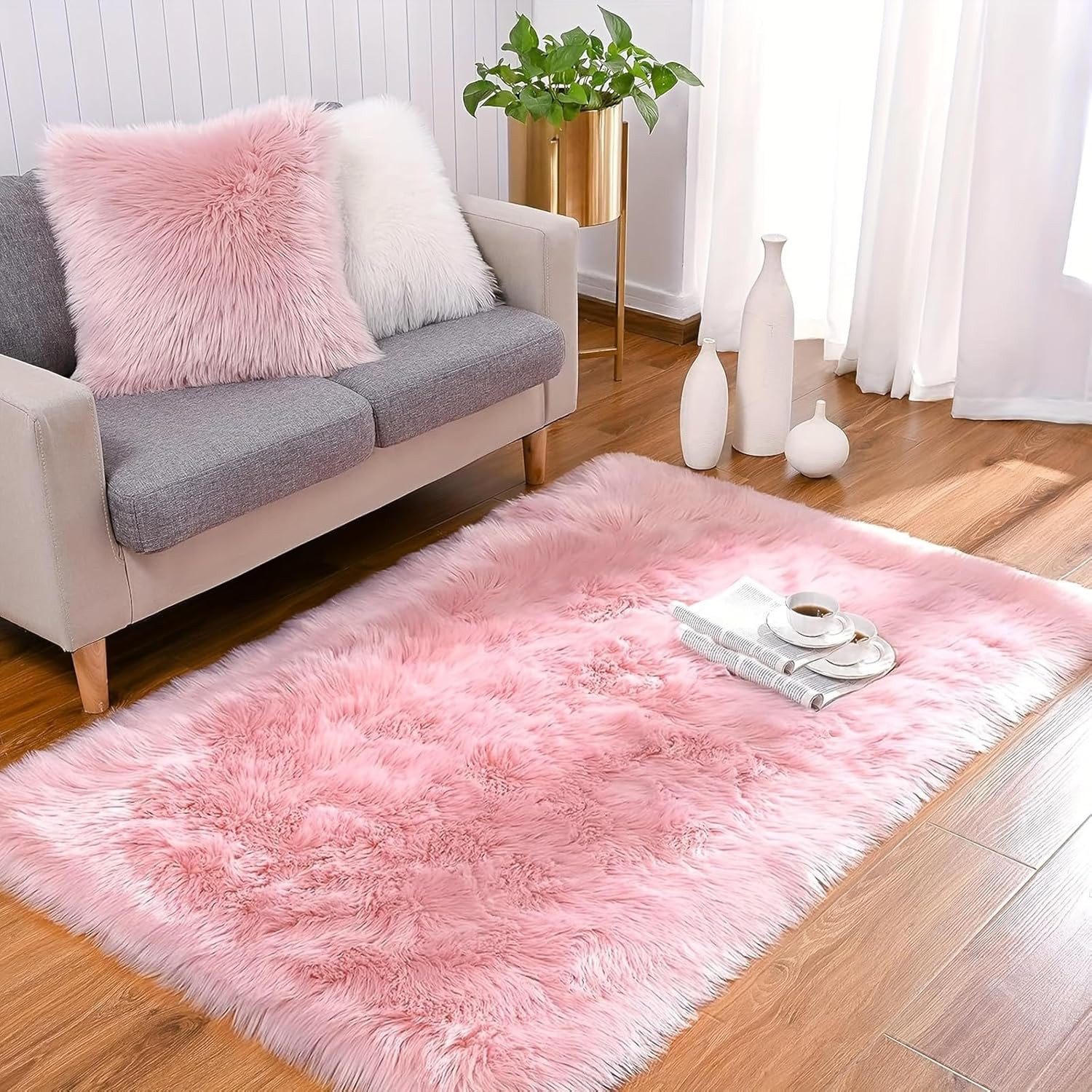 Small Fluffy Rugs, Faux Sheepskin Area Rug, Pink Faux Fur Rug, Washable Non Slip