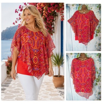 Roman Chiffon Overlay Top Red Print Asymmetric Stretch Size 22/24 Holiday Summer