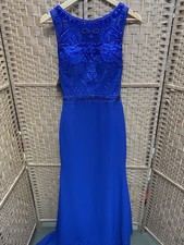 royal blue sleeveless evening gown or prom dress with a heavily beaded bodice 