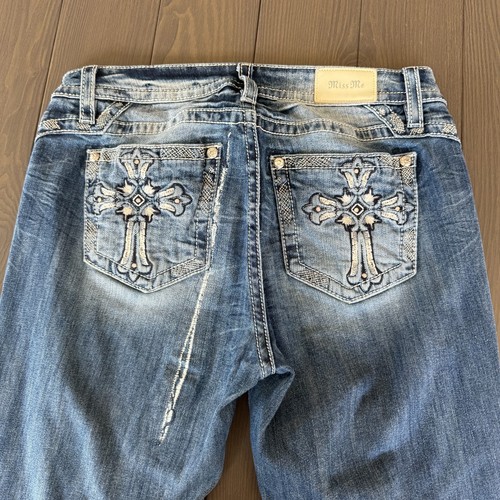 Miss Me Jeans Mid Rise Bootcut Womens 32x34 Blue Embellished Stretch Denim *READ - Picture 3 of 17