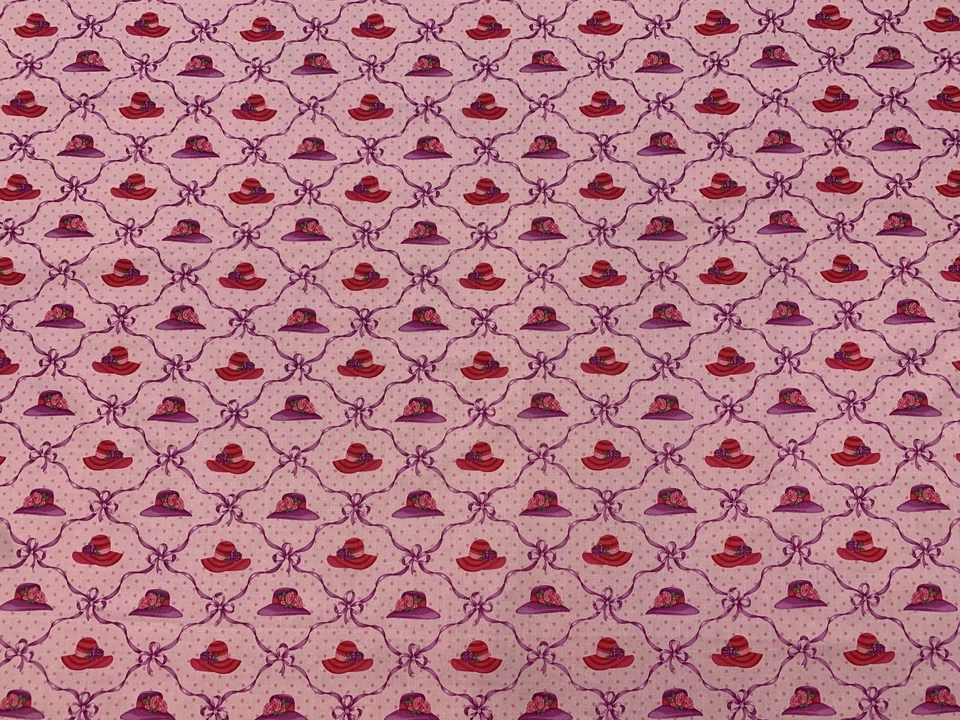 Vintage 2005 Red Hat Fabric Cranston VIP Society Pink Purple Dot Ribbon 0.9 Yard - Image 2 of 4