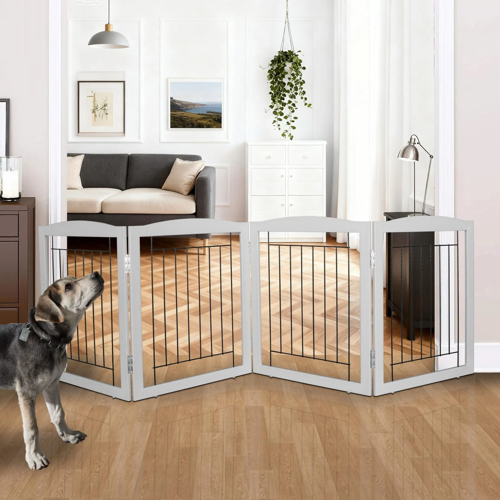 Freestanding Foldable Dog Gate for House Extra Wide Wooden Grey Puppy Gate St...