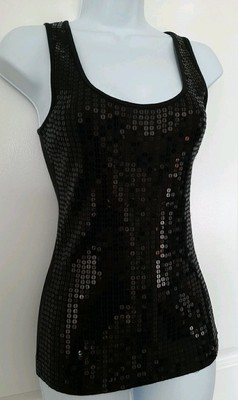 #ad Express Sequin Black Tank Top Size Small Stretchy Sequin Front Ribbed Tank $16.00