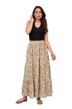 Women Block Printed 100 Cotton Maxi Long Skirt with Elastic Waist- Multi