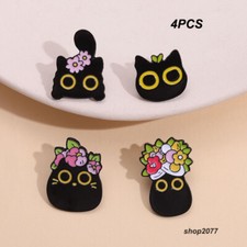 4PCS Carton Black Cats With Flower Enamel Badge Pin Decoration Pins Bag Pins DIY