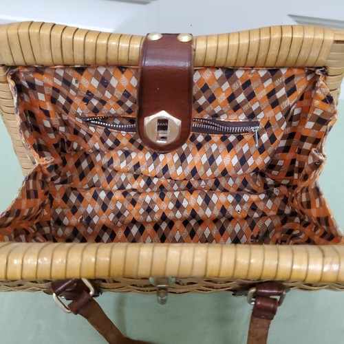Vintage Woven Rattan Purse Leather Straps, Vibrant Diamond Pattern Lining - Picture 13 of 23