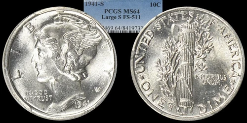 1941-S Mercury Dime  FS-511 Large S graded by PCGS MS64.....Great Variety!!