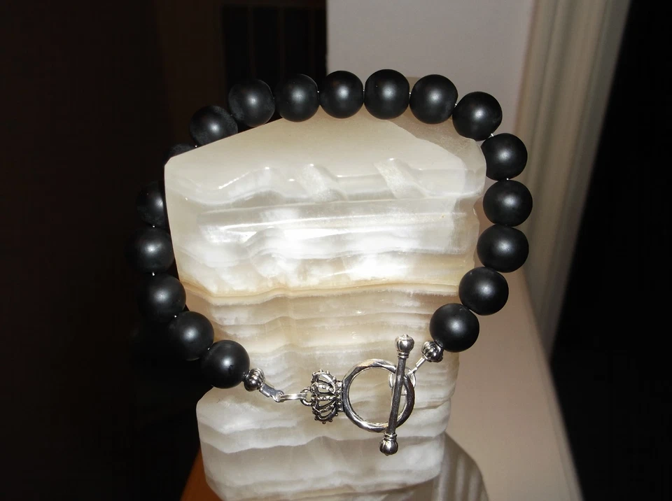 PULSERA HOMBRE HECHA A MANO 8 1/4" 10MM NEGRO MATE ÁGATA ÓNIX CUENTAS Foto 2 de 4