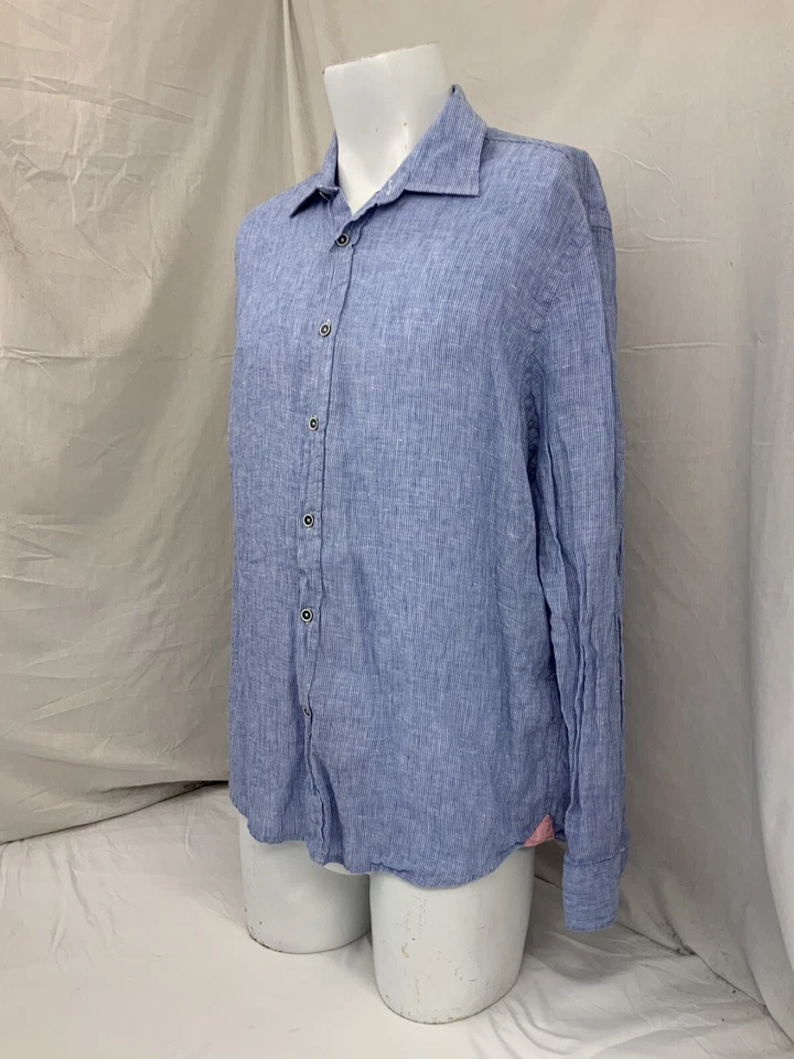 Camisa Report Collection Puño Abatible XL Azul Rayas 100% Lino Resort YGI Q1-122 Foto 4 de 4