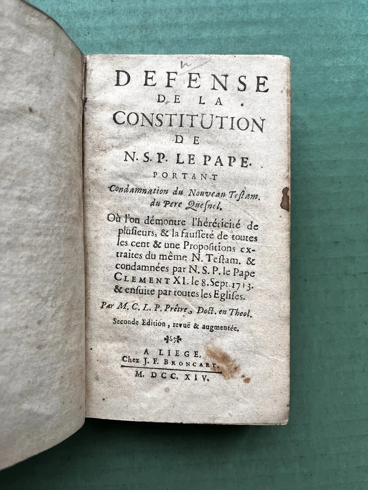 In Defense of the Papal Constitution (1714) by M. Pretre French Leather Book - Image 4 of 4