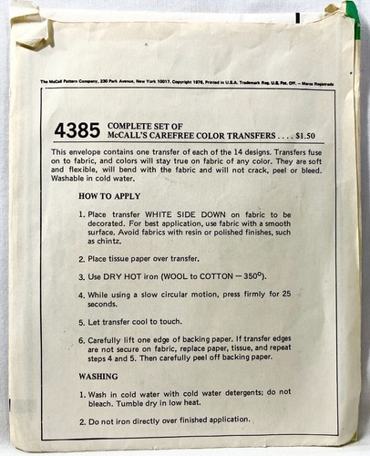 1976 McCalls Fashion Transfer Pattern 4385 14 Carefree Color Designs Vintg 12735 - Bild 2 von 2
