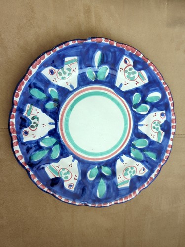 Piatto Vietri Solimene Campagna Pollo Uccellino 10" Bordo Blu Punto Rosso Italia - Foto 3 di 8