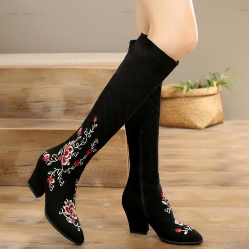 Donna Pointed Toe Embroiderosso Suede Zipper Zipper Zipper Block Heel scarpe Knee High stivali 50631b Donna Pointed Toe Embroiderosso Suede Zipper Zipper Zipper Block Heel scarpe Knee High stivali 50631b