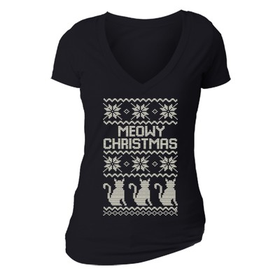 Meowy Christmas kitten Cat UGLY CHRISTMAS Shirt Party Women V-neck T-shirt
