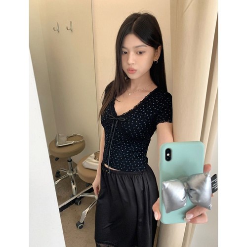 Lace Knitted Top V Collar Blouse Cute Crop Top For Women Girl - Picture 9 of 12