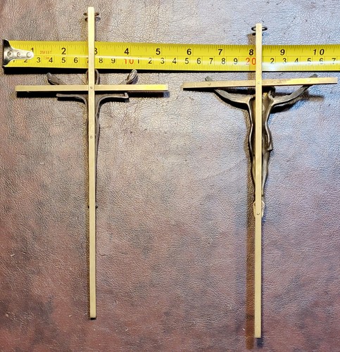 Vintage Messing Altarkruzifixe 2er Set - Christus & auferstandener Jesus Wandkreuze MCM - Bild 4 von 4