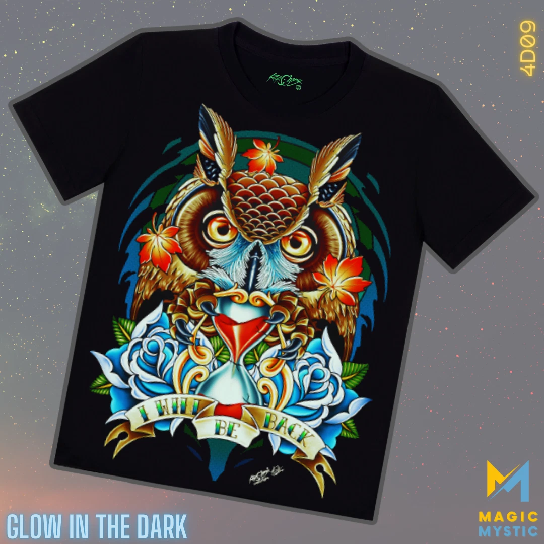 Black T-Shirt Rock Chang Original Colorful Owl Glow in the Dark Unisex